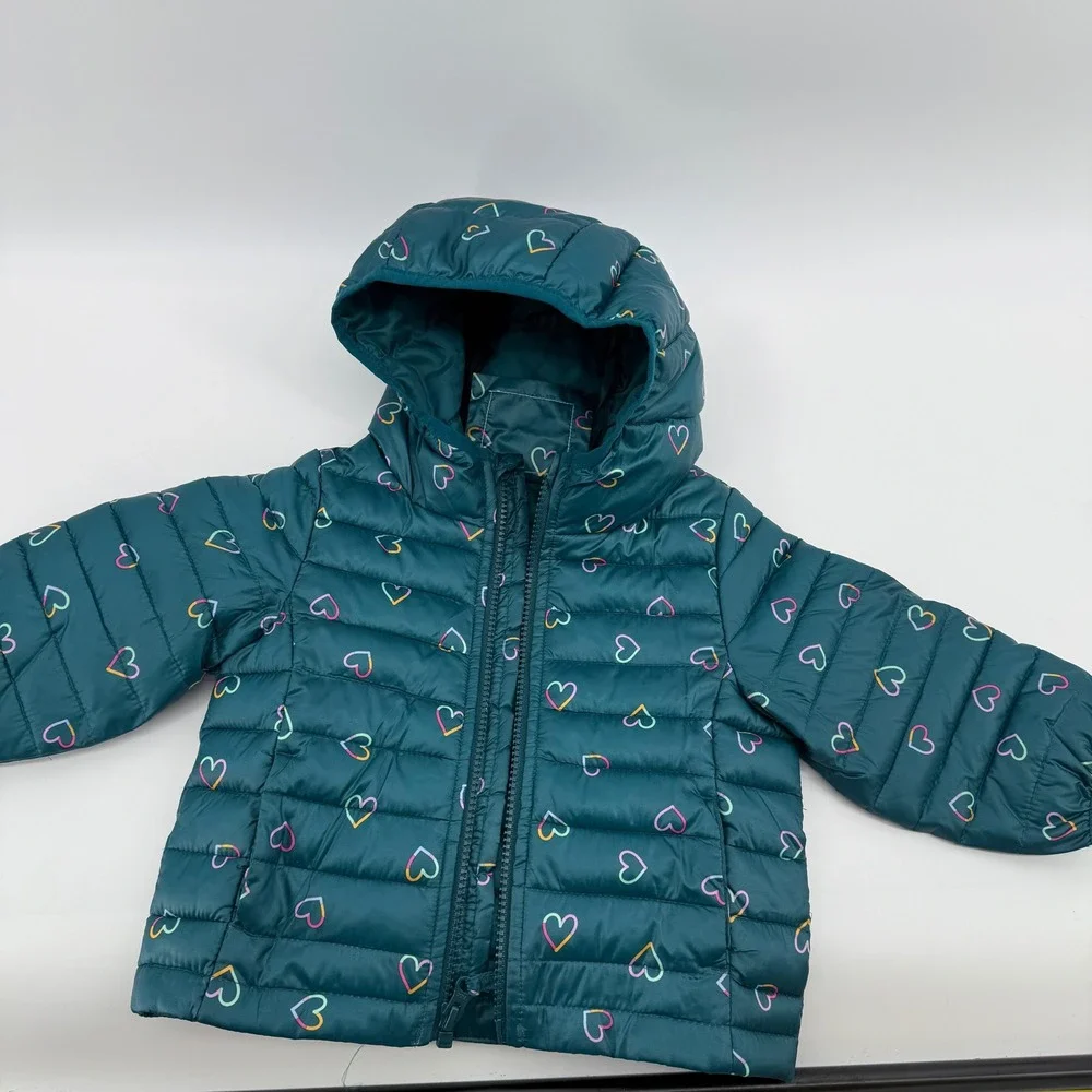Jumping Beans Girls Teal Heart Puffer‎ Hooded Jacket 12 Months
